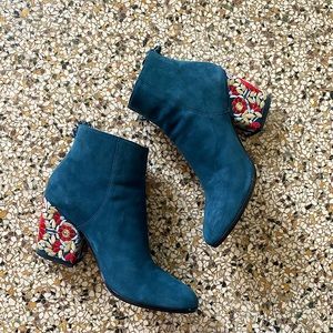 Anthropologie blue suede heeled boots